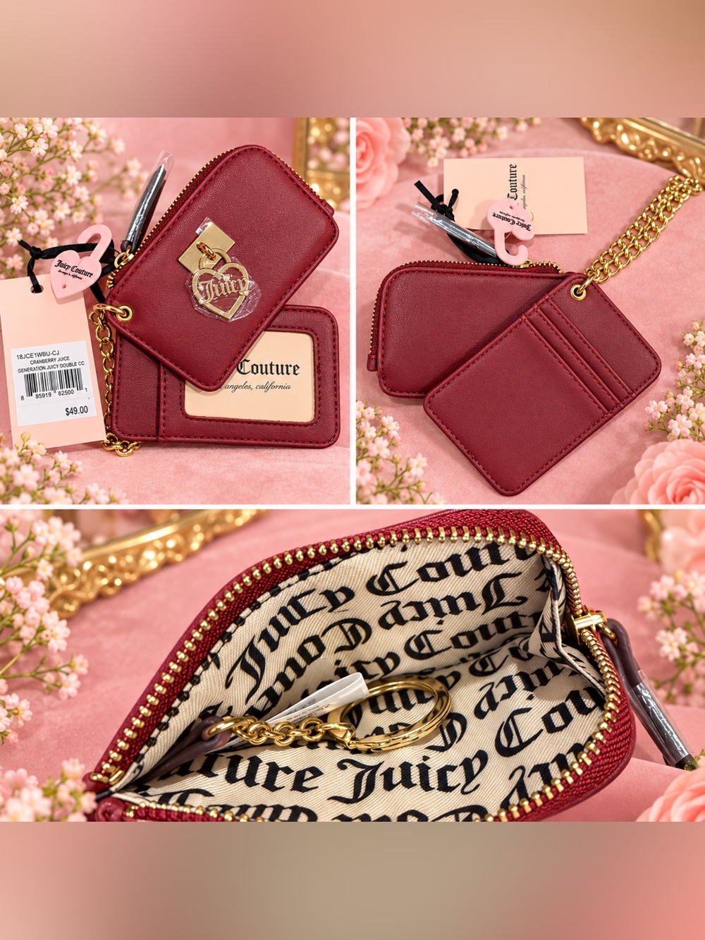 Juicy Couture Burgundy Mini Cardholder & Coin Pouch Set with Gold Hardware